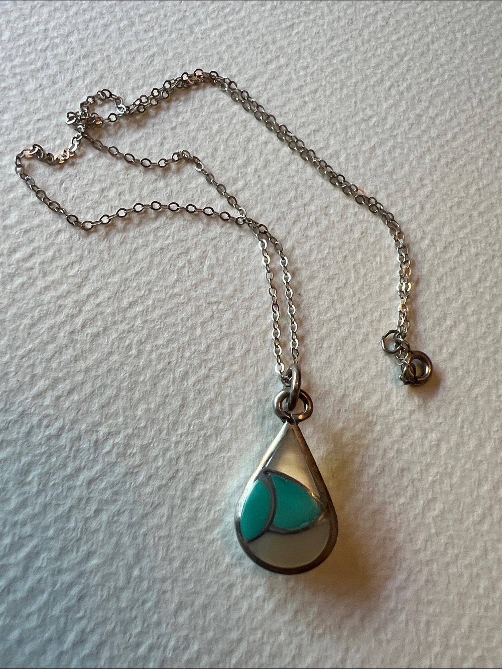 Zuni Handmade Teardrop Pendant Necklace with Turquoise & Mother of Pearl Inlay